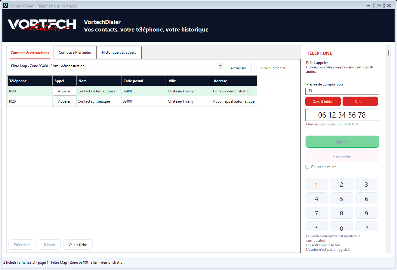 VortechDialer avec contacts de démonstration